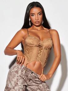 SHEIN BAE 前繫帶不對稱下擺吊帶上衣 - 棕色 - 查看 6