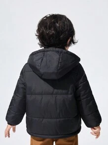 SHEIN Young Boy Slant Pockets Hooded Teddy Lined Padded Coat Without Sweater - الأسود - مشاهدة 2