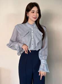 DAZY 素色荷葉邊荷葉袖前紐扣襯衫 - 藍色 - 查看 3