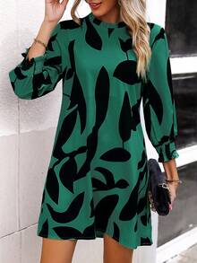 SHEIN Clasi Allover Print Lantern Sleeve Tunic Dress - Green - View 5