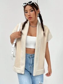 SHEIN Unity Tương phản Trang trí Fuzzy Mở Mặt trước áo - Màu be - Xem 1