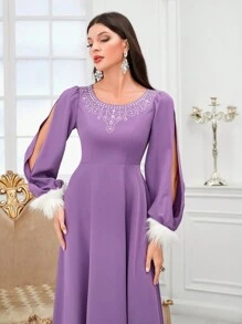 Modelyn 毛茸邊開衩袖A字洋裝 - 紫色 - 查看 2