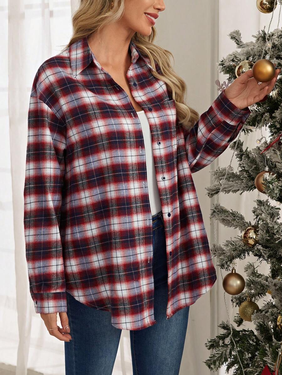 EMERY ROSE Plaid Print Drop Shoulder Shirt - Multicolor - View 1