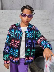 Tween Boy Letter Graphic Drop Shoulder Hooded Sweatshirt Without Tee - Black - View 1