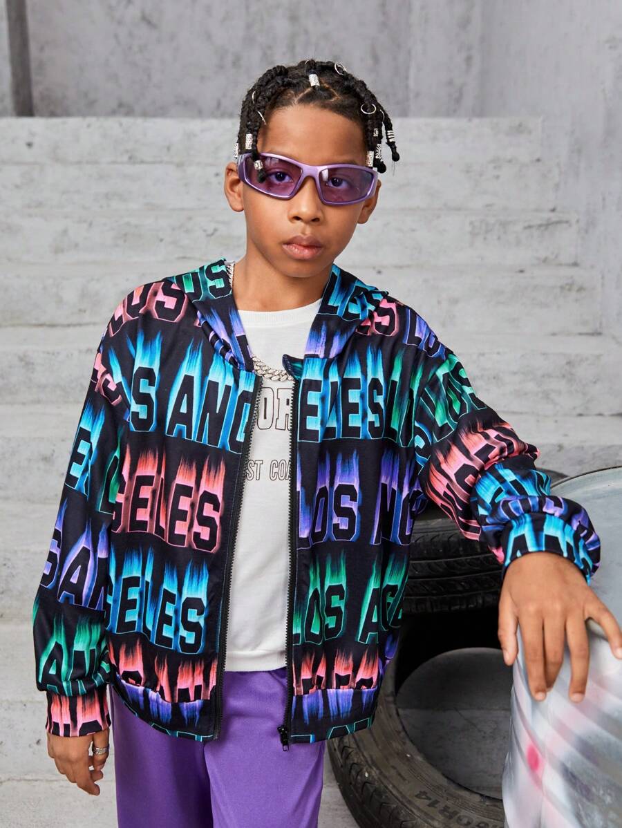 Tween Boy Letter Graphic Drop Shoulder Hooded Sweatshirt Without Tee - Black - View 1