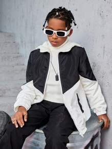 Tween Boy Two Tone Zip Up Hooded Coat Without Sweater - Black and White - View 1