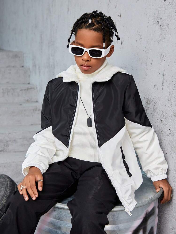 Tween Boy Two Tone Zip Up Hooded Coat Without Sweater