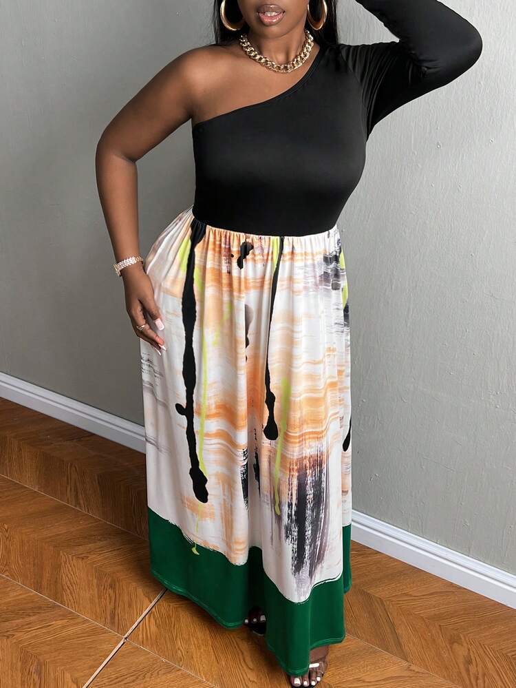 Plus Brush Print One Shoulder Dress