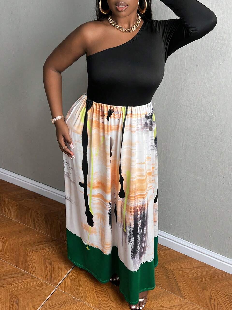 Plus Brush Print One Shoulder Dress