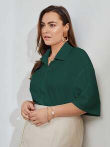 SHEIN Clasi 大碼素色落肩袖前紐扣襯衫 - 墨綠色 - 查看 5