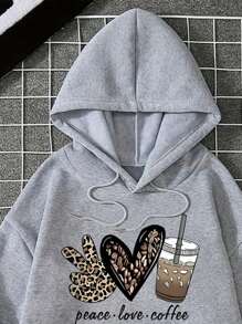 INAWLY Áo nỉ dáng rộng, họa tiết trái tim và chữ cái, có túi, dây rút, thích hợp mặc mùa đông thu cho nữ. - Màu Xám nhạt - Xem 3