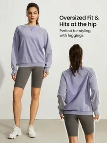 GLOWMODE Washed French Terry Retro Pullover With Thumbhole Crew Neck - Purple - View 5