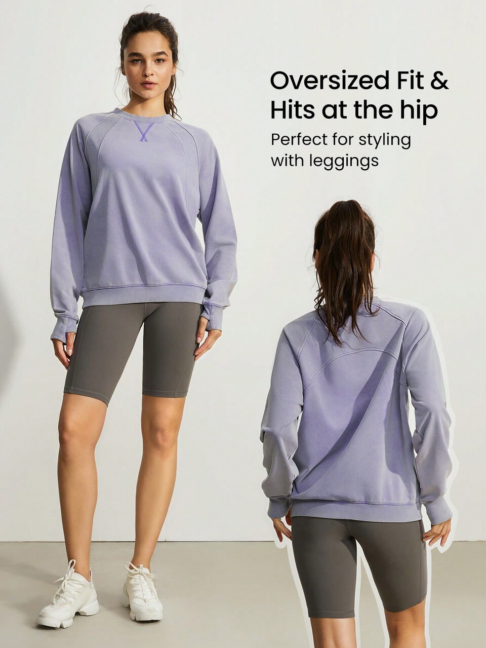 Washed French Terry Retro Pullover With Thumbhole Crew Neck