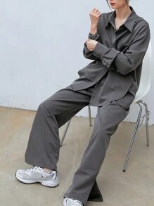 Dazy-Less 纯色纽扣前开襟落肩衬衫和开衩裤，复古风格，女士两件套，返校季服装，商务休闲女装，居家服套装 - 灰色 - 查看 6