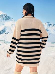 We Bare Bears X SHEIN Plus Striped Pattern Cartoon Embroidery Drop Shoulder Sweater Dress - Apricot - View 2