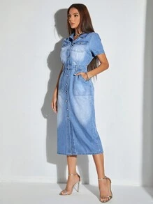 SHEIN BAE Button Front Denim Dress - Light Wash - View 3