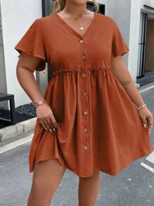 Vionelle Plus Button Front Flounce Sleeve Frill Trim Smock Dress - Rust Brown - View 1