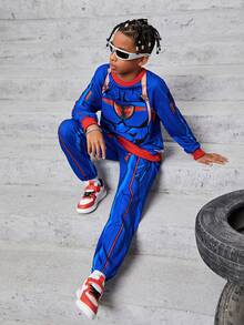 Tween Boy Cartoon Graphic Contrast Trim Drop Shoulder Pullover & Sweatpants - Blue - View 4