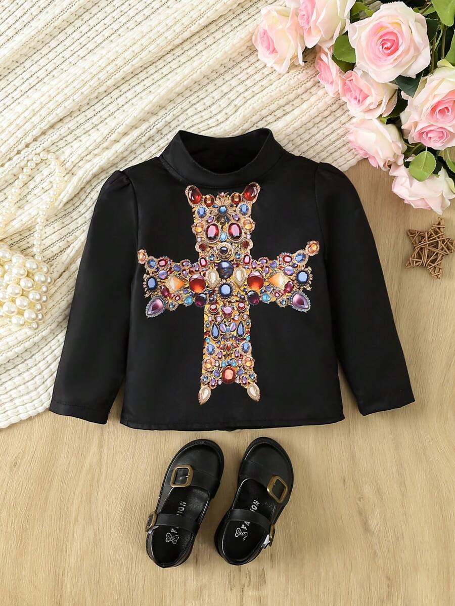 Baby Girl Cross Print Mock Neck Puff Sleeve Tee - Multicolor - View 1