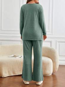 SHEIN Frenchy Plus Split Hem Tee & Pants - Green - View 2