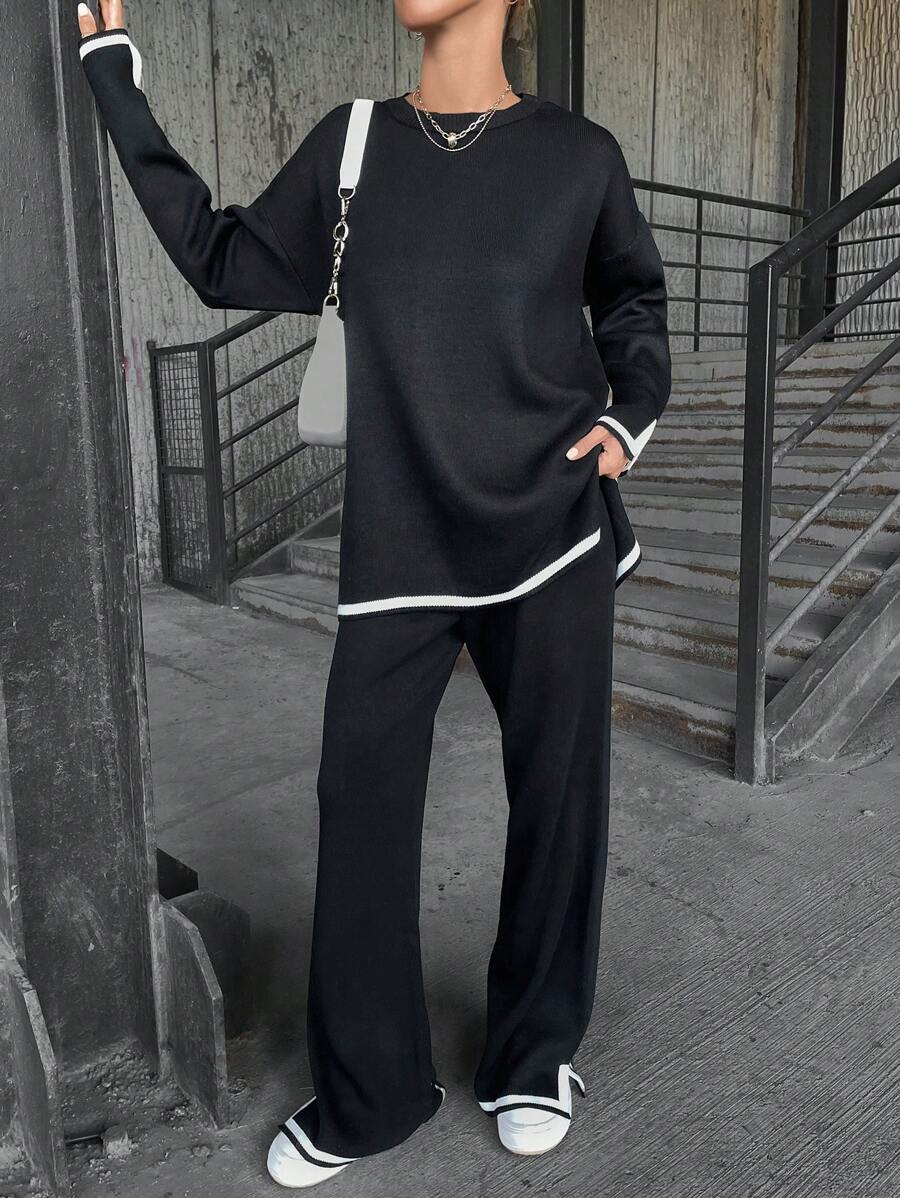 EURMUSE Contrast Trim Drop Shoulder Sweater & Knit Pants