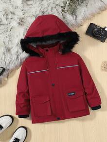 SHEIN 男小童字母補丁細節毛茸邊連帽加絨內裏外套 - 酒紅色 - 查看 5