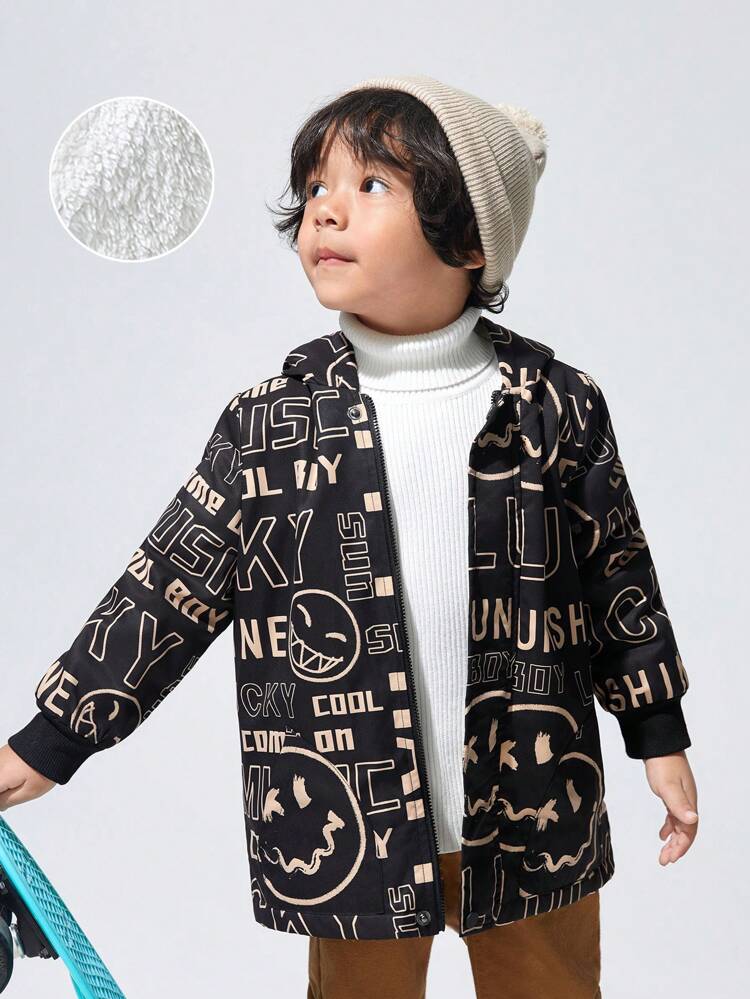 Young Boy Cartoon and Letter Graphic Teddy Lined Hooded Coat