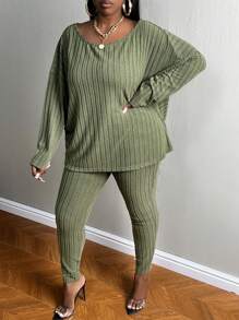 Slaydiva Plus Drop Shoulder Tee & Leggings - Army Green - View 3