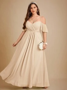 SHEIN Belle Plus Cold Shoulder Ruffle Trim Maxi Chiffon Bridesmaid Dress - Apricot - View 1