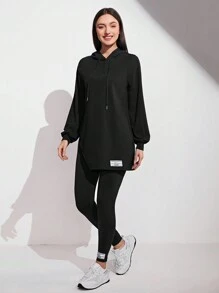 Mulvari 拼接细节开衩下摆连帽衫和打底裤两件套 - 黑色 - 查看 3