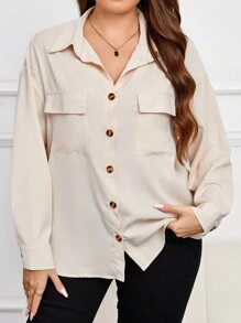 SHEIN Frenchy Plus Flap Pocket Drop Shoulder Shirt - Apricot - View 6