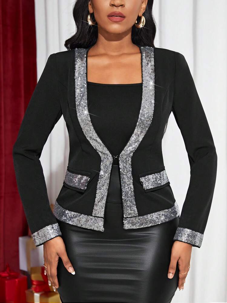 Contrast Sequin Open Front Blazer