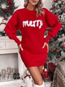 Chiquease 字母圖案落肩袖毛衣洋裝 - 紅白色 - 查看 7