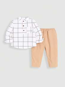 SHEIN 男嬰格紋印花半排扣襯衫和褲子