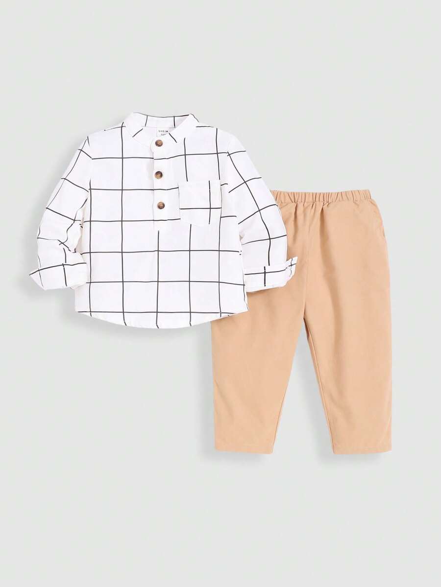 SHEIN 男嬰格紋印花半排扣襯衫和褲子