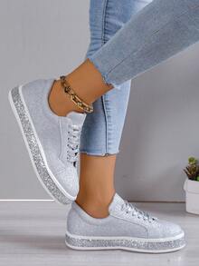 女性時尚耐磨繫帶鞋帶閃閃發光裝飾,銀平底運動鞋適用於休閒&運動 - 銀色 - 查看 2