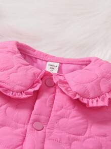 SHEIN Young Girl Heart Quilted Peter Pan Collar Button Front Padded Coat - Hot Pink - View 6
