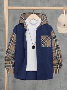 SHEIN Tween Boy Plaid Print Hooded Shirt Without Tee - Navy Blue - View 1