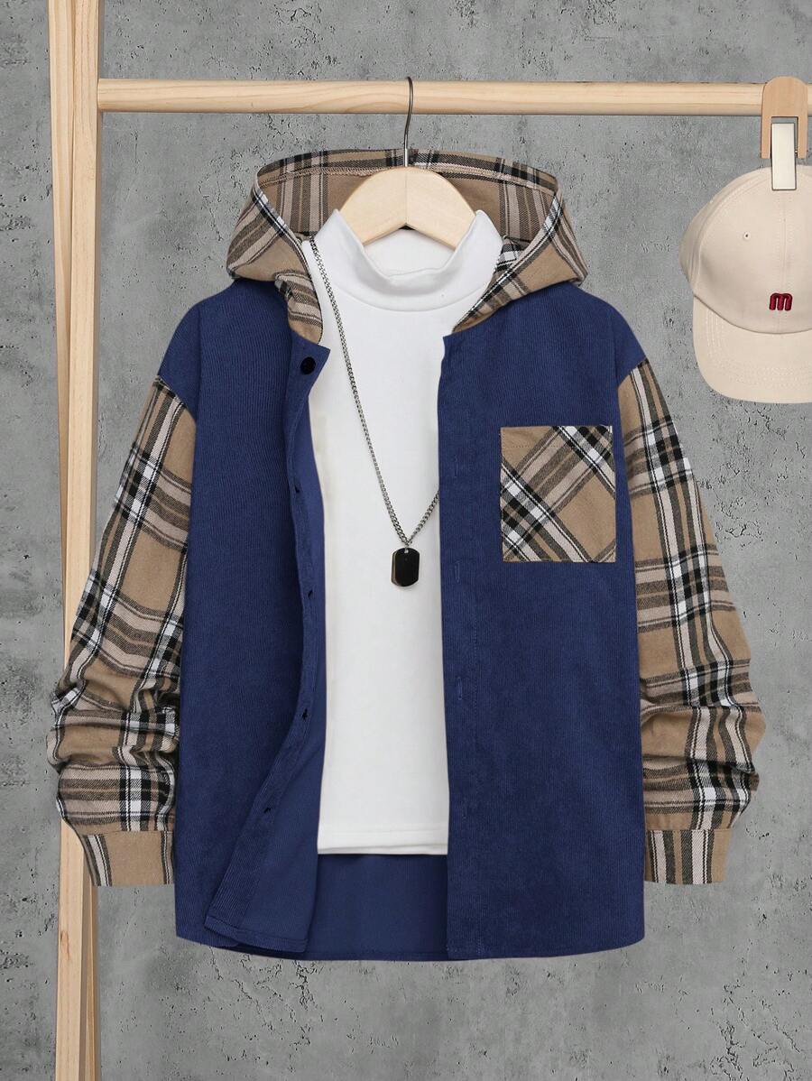 SHEIN Tween Boy Plaid Print Hooded Shirt Without Tee - Navy Blue - View 1