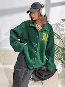 SHEIN Unity Thư được vá Thả vai Lót Teddy áo - Màu xanh lá cây đậm - Xem 5