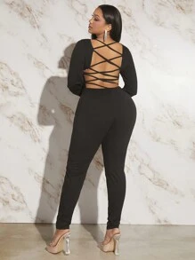 SHEIN SXY 大碼露背交叉素色連身褲 - 黑色 - 查看 1
