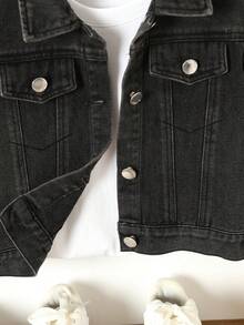 Young Girl 1pc Flap Pocket Denim Jacket - Black - View 5