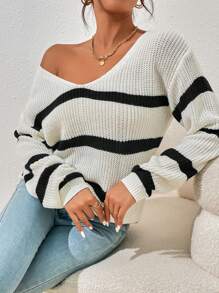 SHEIN Essnce Jersey de cuello en V con hombros caídos a rayas, tops de manga larga para otoño/invierno - Negro - Ver 3