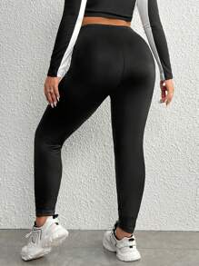 SHEIN EZwear 大碼素色PU皮打底褲 - 黑色 - 查看 2