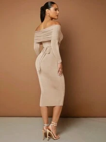 SHEIN BAE Off Shoulder Bodycon Dress - Khaki - View 2