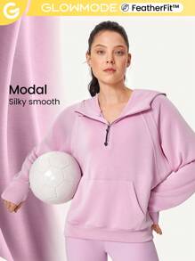 GLOWMODE Modal Lụa Chạm Quá lớn Nửa Zip Hoodie - Màu tím hoa cà - Xem 1