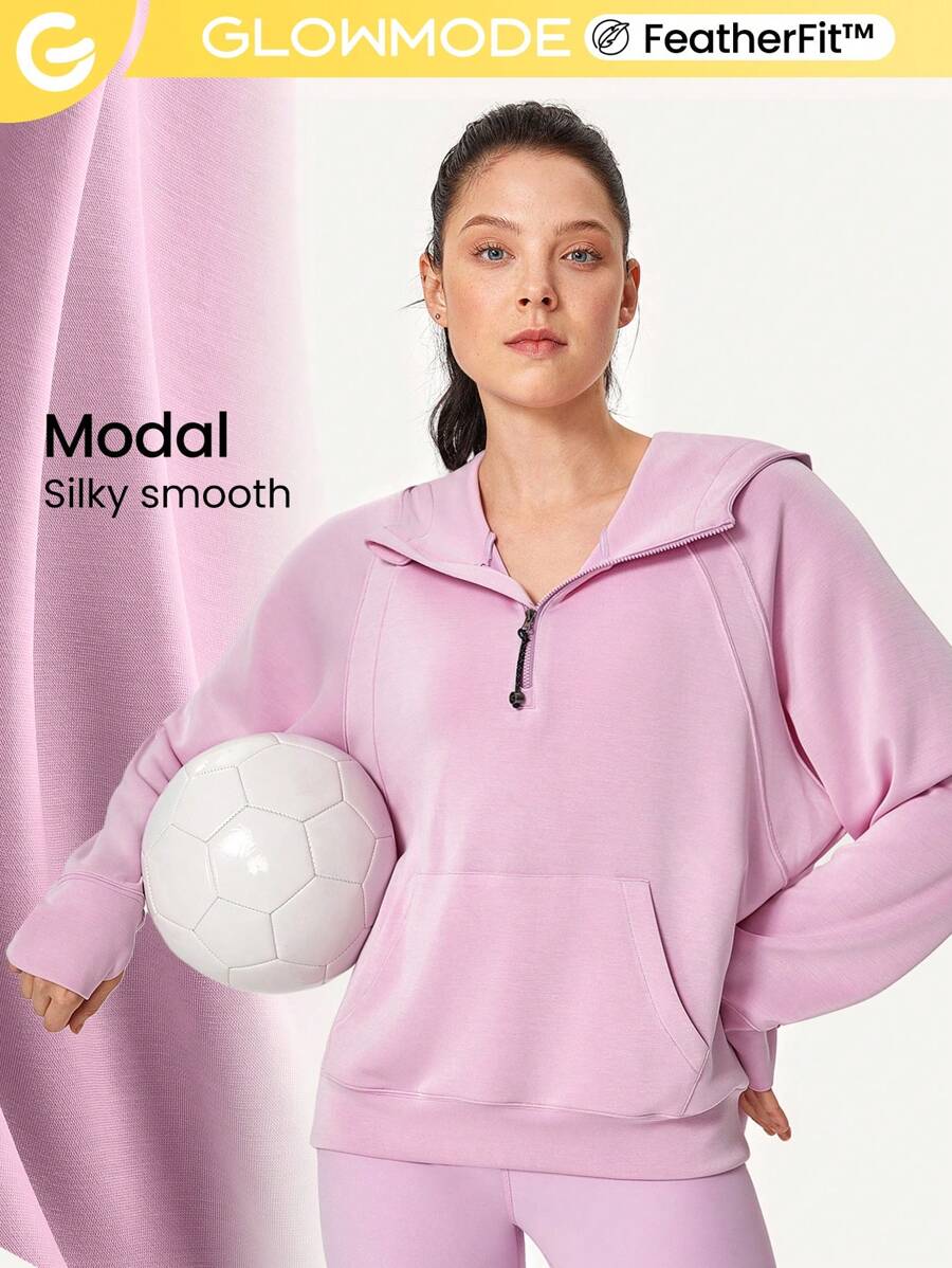 GLOWMODE Modal Lụa Chạm Quá lớn Nửa Zip Hoodie - Màu tím hoa cà - Xem 1