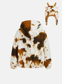 SHEIN Young Boy Cow Pattern Hooded Teddy Jacket With 3D Ear Design Hat,In Fall/Winter - Multicolor - View 2