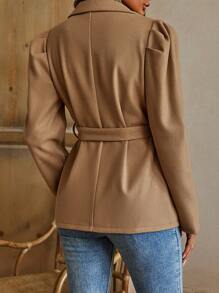 SHEIN LUNE Lapel Neck Puff Sleeve Belted Overcoat Fall Cloth For Women - Khaki - View 2