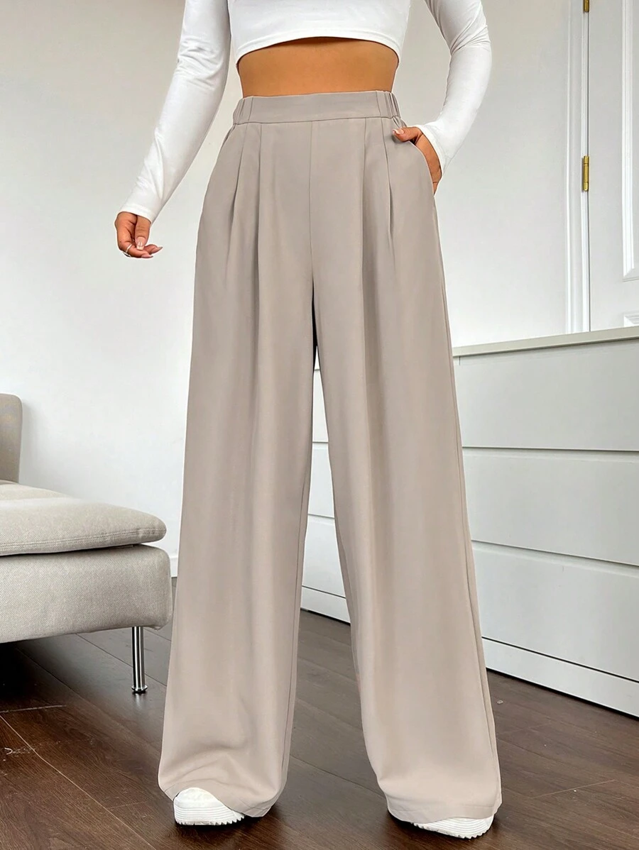 SHEIN EZwear High Waist Plicated Detail Wide Leg Pants - Khaki - View 1